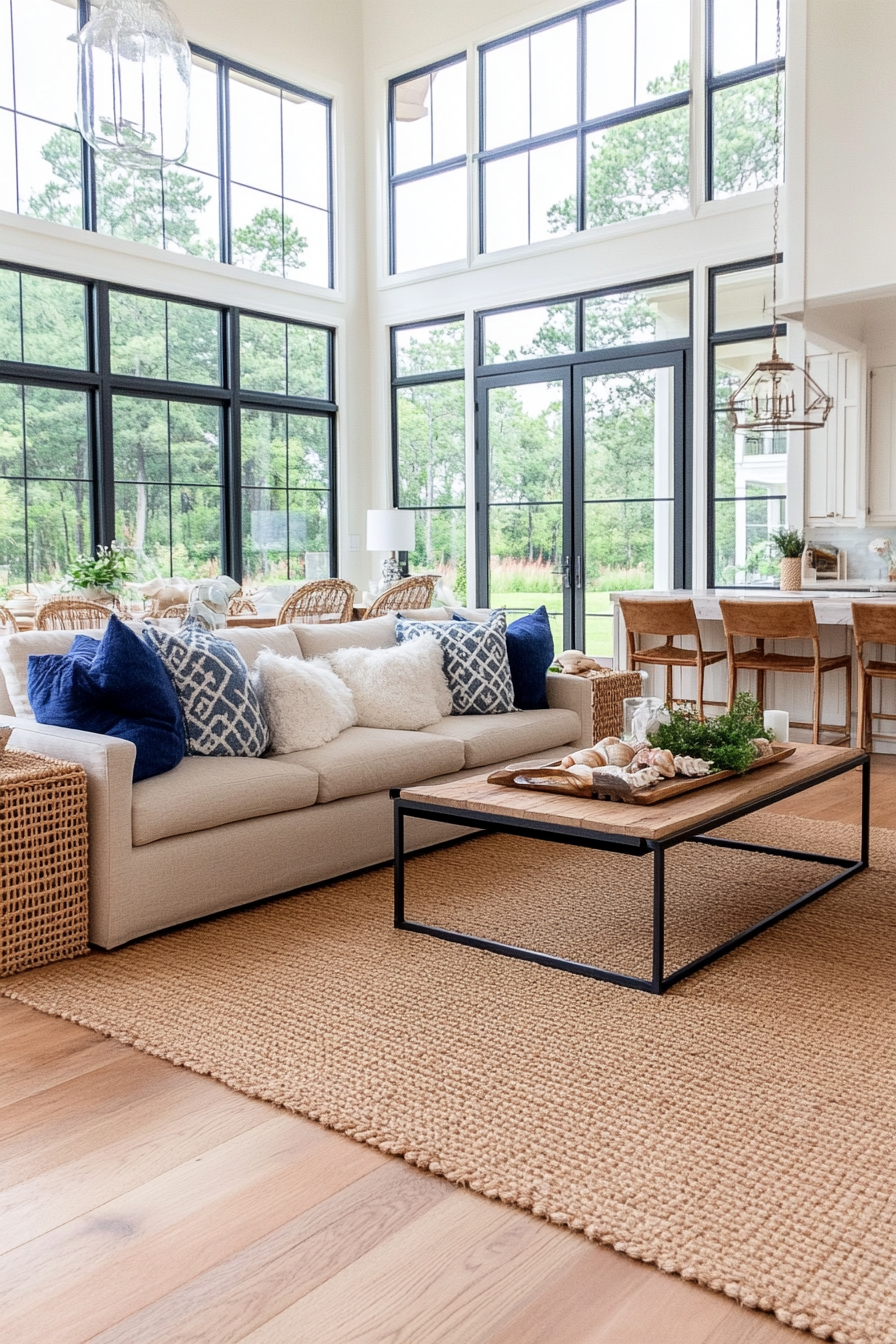 Relaxed, airy living room with soft neutral tones and beach-inspired accents