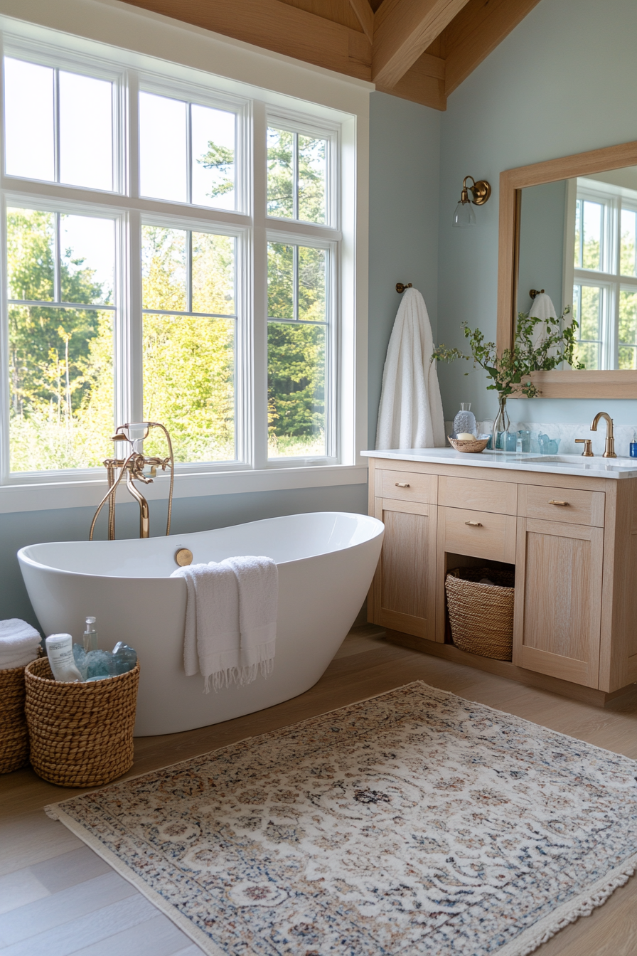 Coastal bathroom with freestanding tub, light wood vanities, and beachy accents