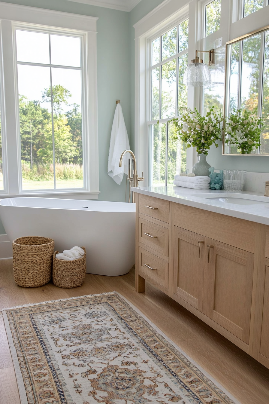 Spa-like coastal bathroom with large windows and light, airy decor