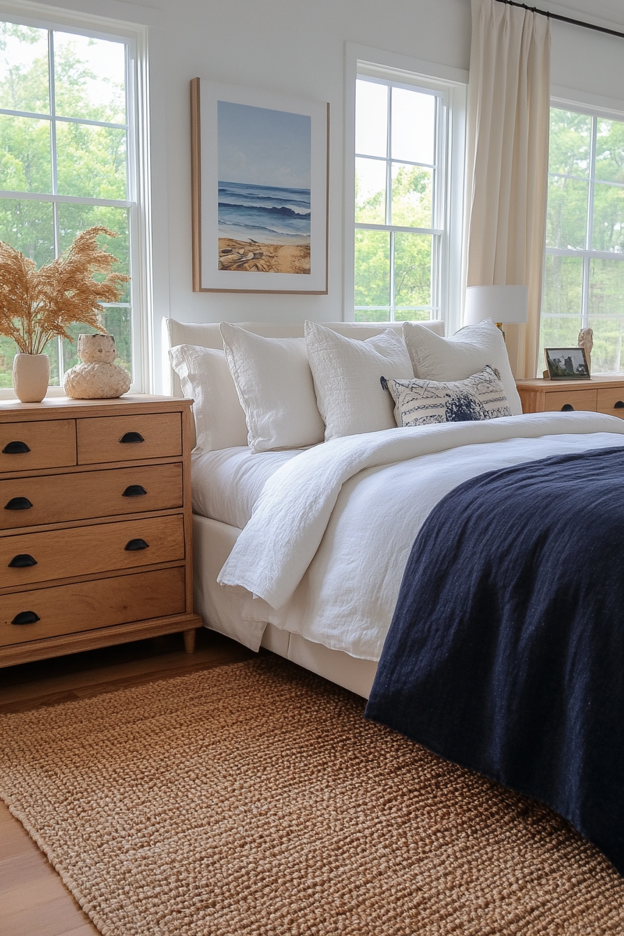 Serene coastal bedroom with rattan bed frame, linen bedding, and driftwood accents