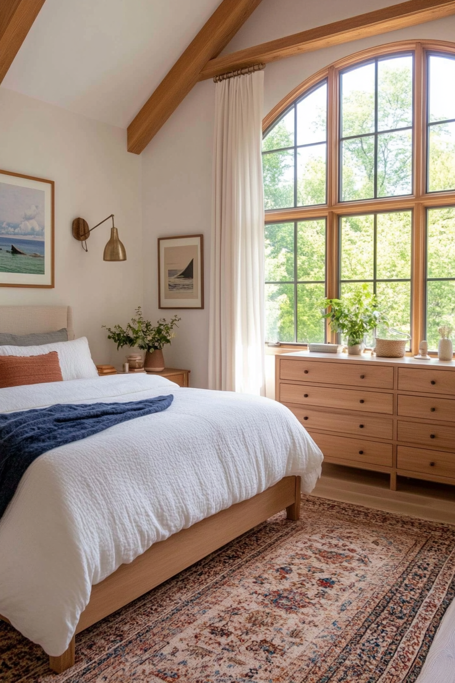Relaxing bedroom with soft blue tones and beachy decor
