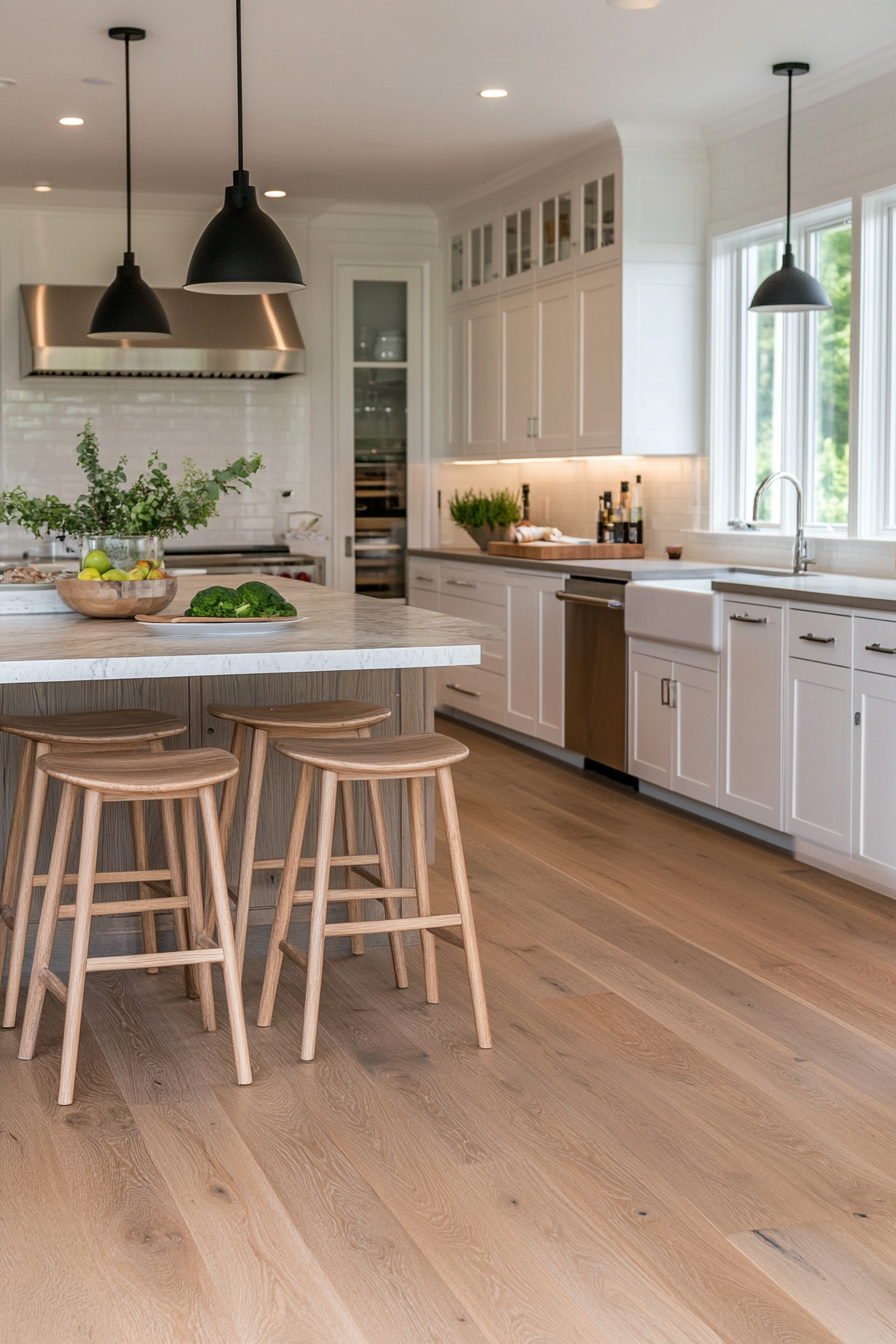 Modern coastal kitchen with open shelving, white cabinets, and beach-inspired accents