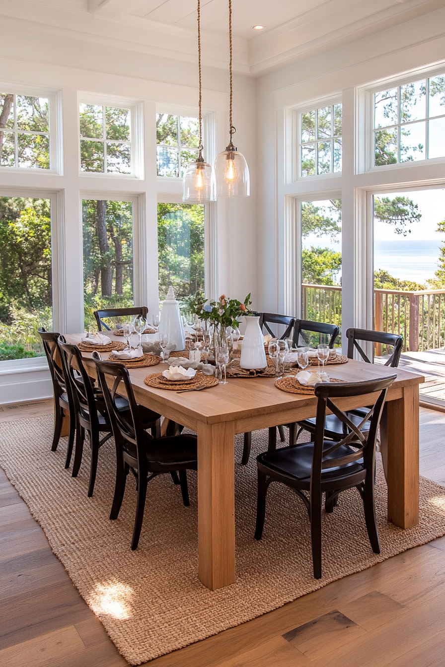 Elegant coastal dining room with a light wooden table, upholstered chairs, and nautical decor