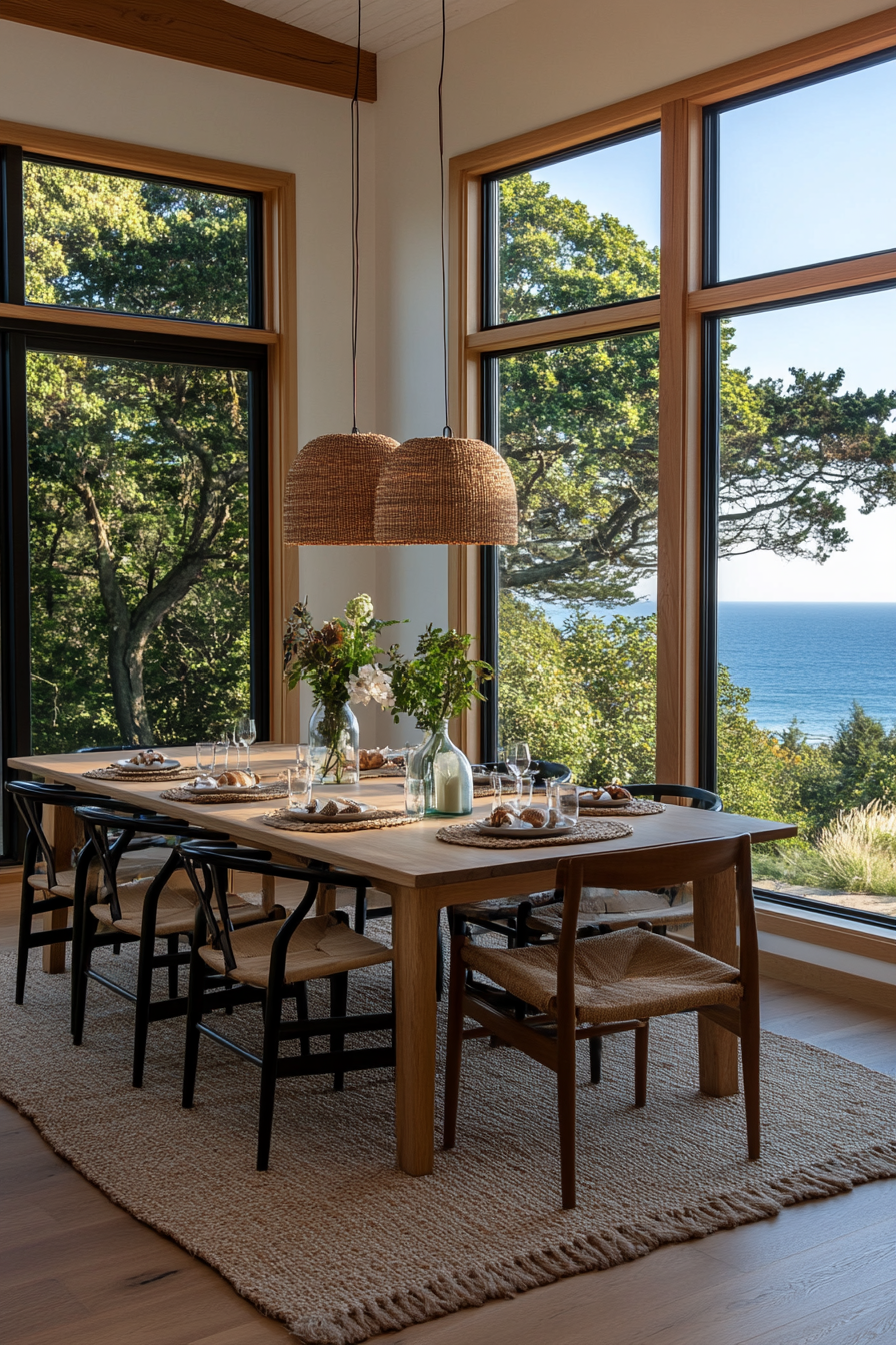 Rustic and refined coastal dining room with woven accents and oceanic decor