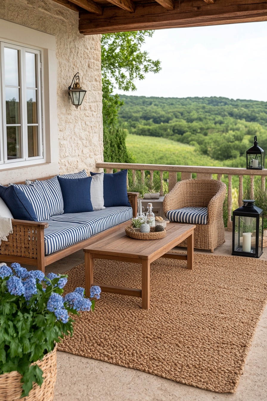 Modern coastal patio with teak furniture, rattan seating, and beachy outdoor decor