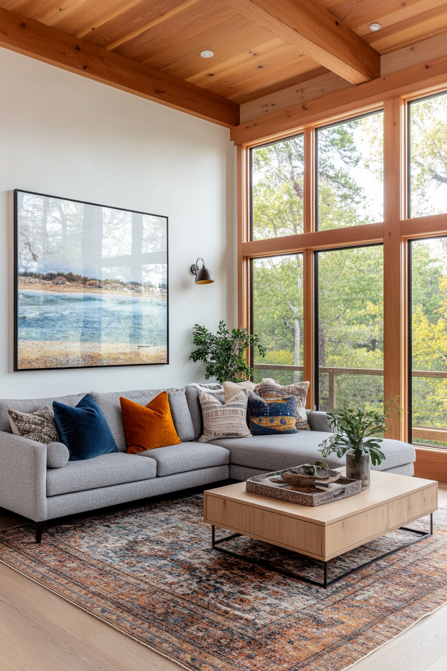 Retro-inspired coastal living room with mid-century furniture and beachy accents