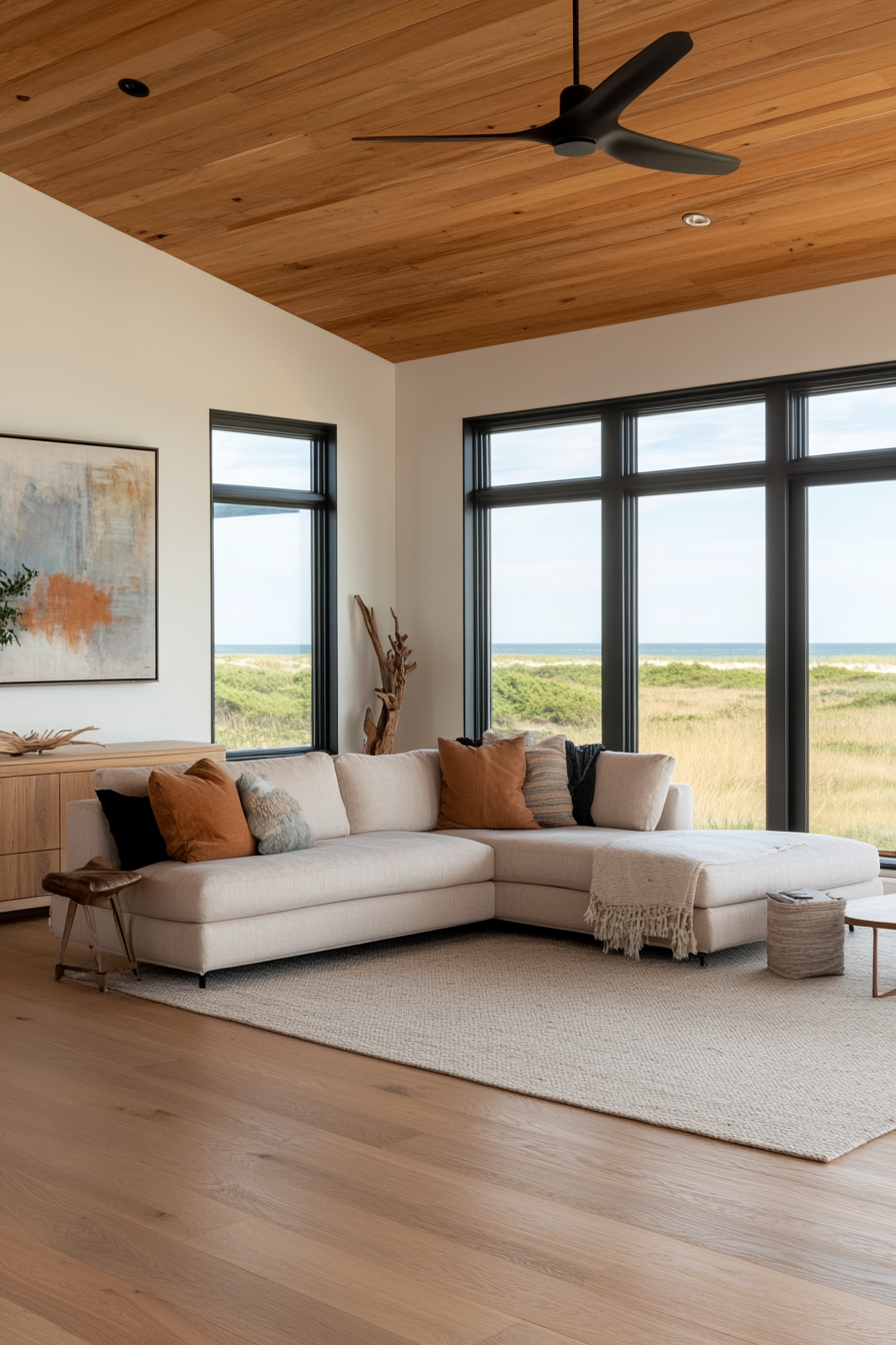 Mid-century modern and coastal style blend with bright accent colors