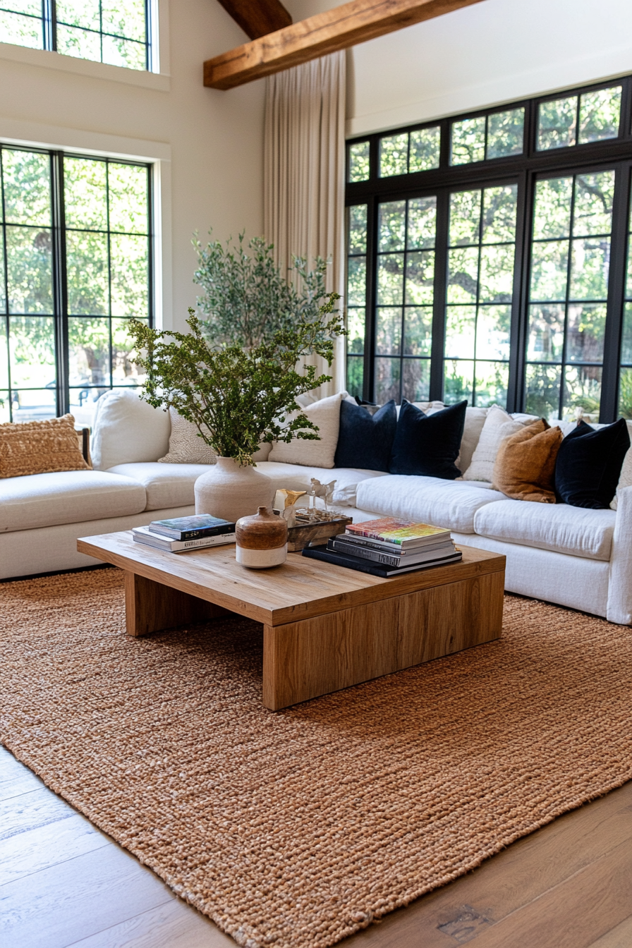 Modern coastal living room with metallic accents and oversized artwork