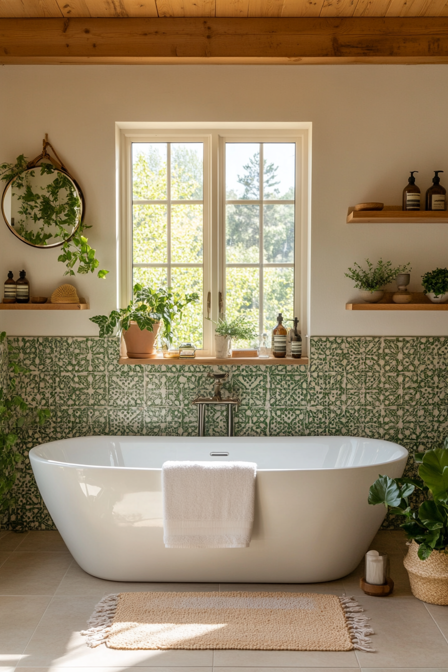 Patterned sage green wall tiles create a unique focal point