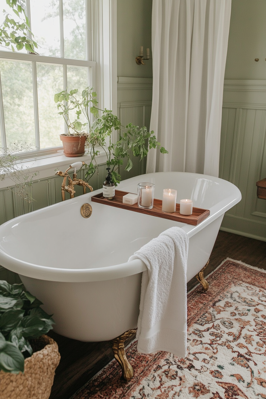 Freestanding bathtub in sage green bathroom creates a spa-like atmosphere