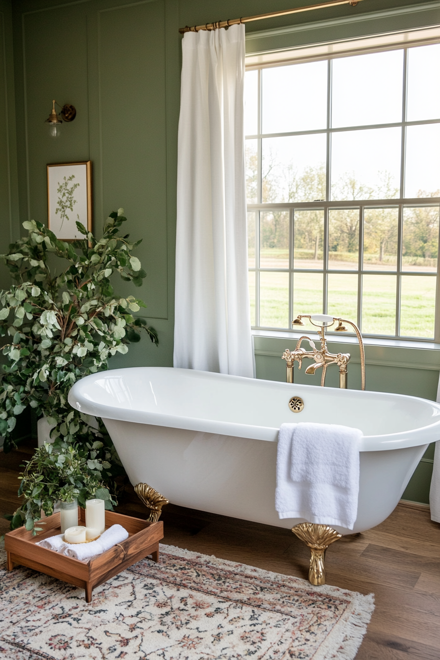 Freestanding bathtub with brass fixtures in sage green bathroom