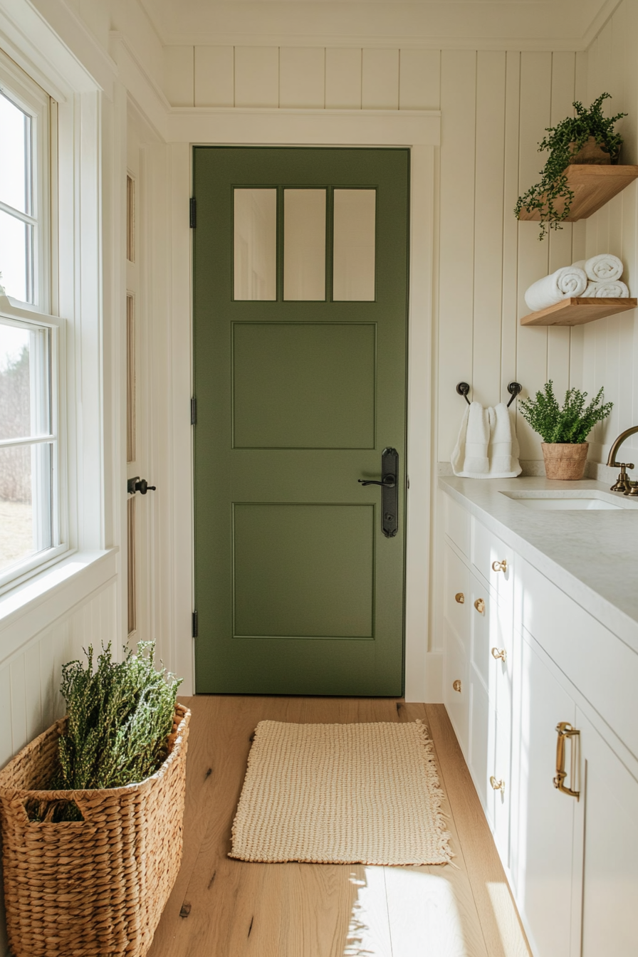 Sage green-painted door adds subtle color in bathroom
