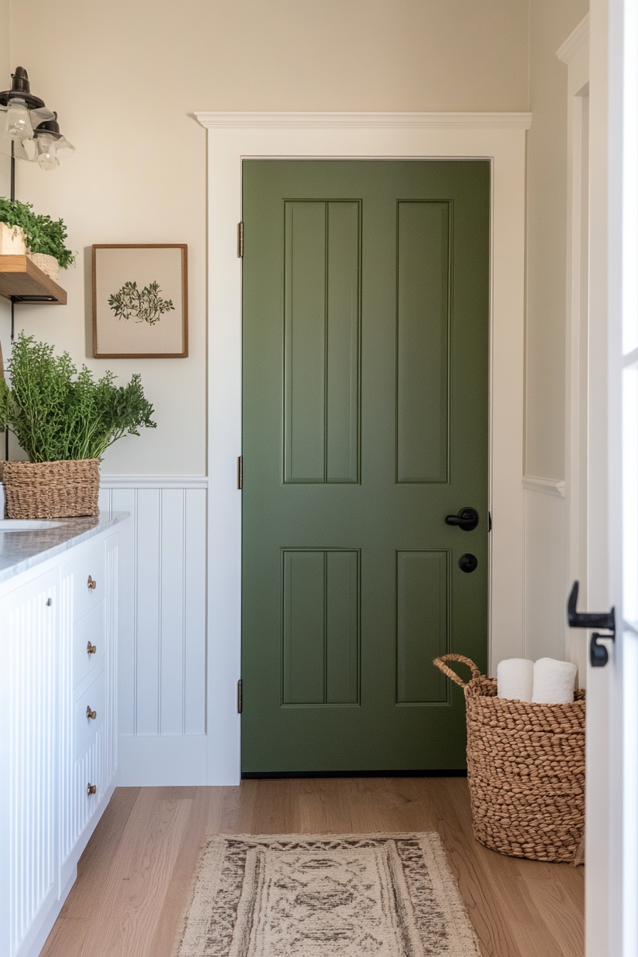 Sage green door with matte black hardware in bathroom with light wood floors