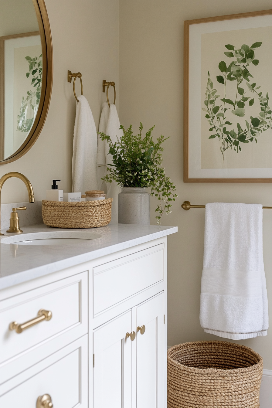 Botanical prints complementing sage green walls in bathroom