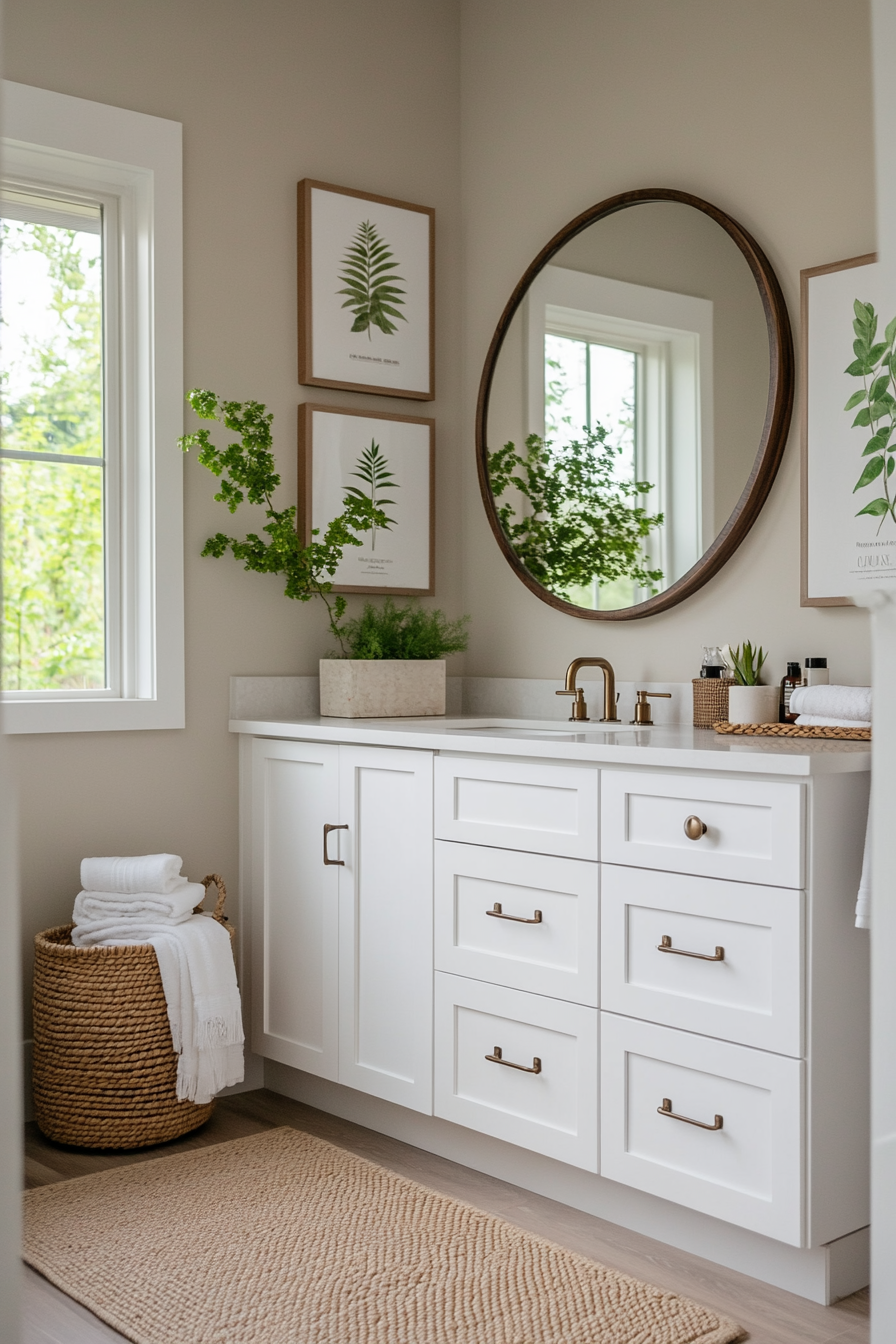 Framed botanical prints paired with potted plants in sage green bathroom