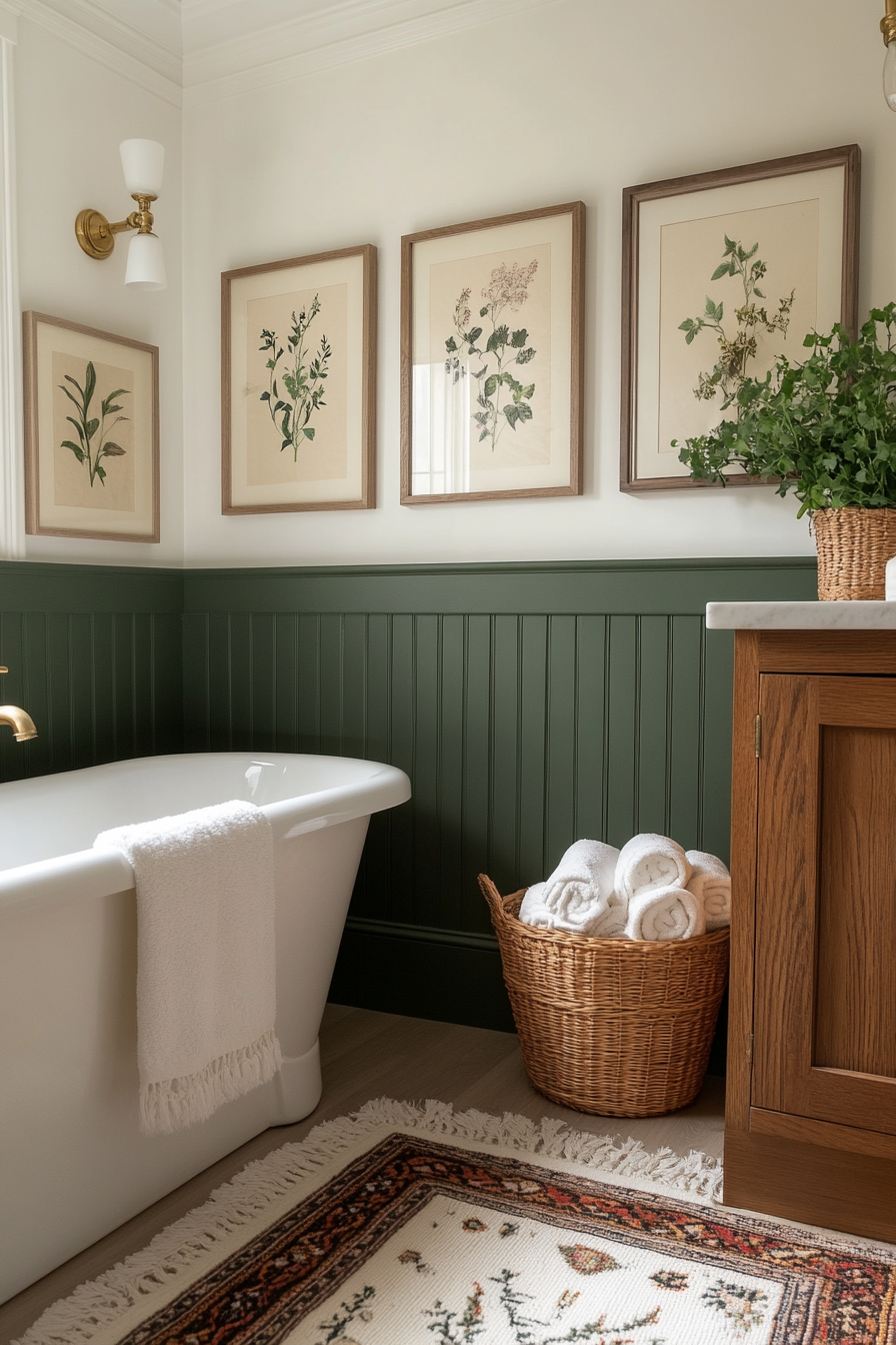 Sage green wainscoting adds texture to bathroom walls