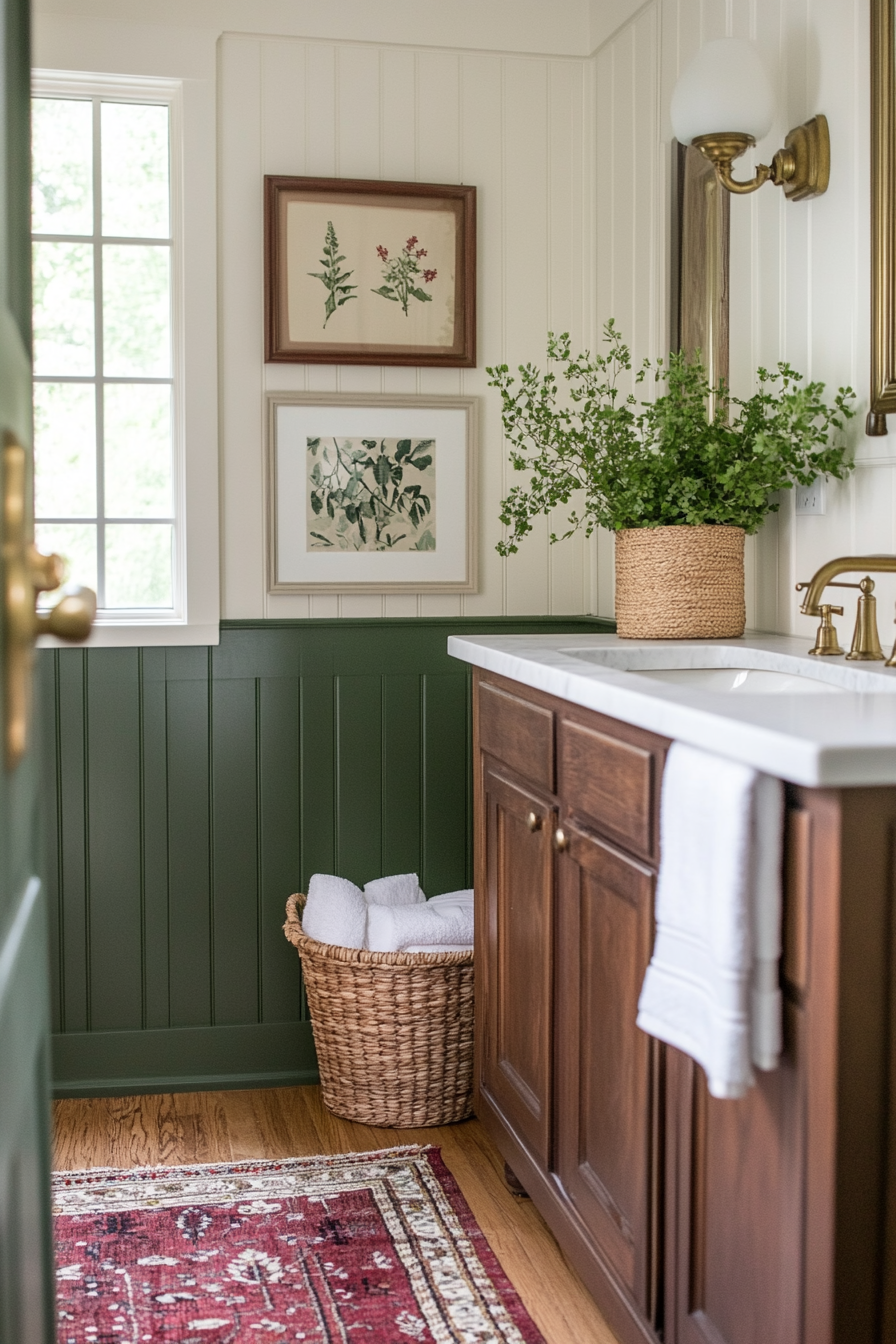 Sage green wainscoting with brass fixtures and natural decor