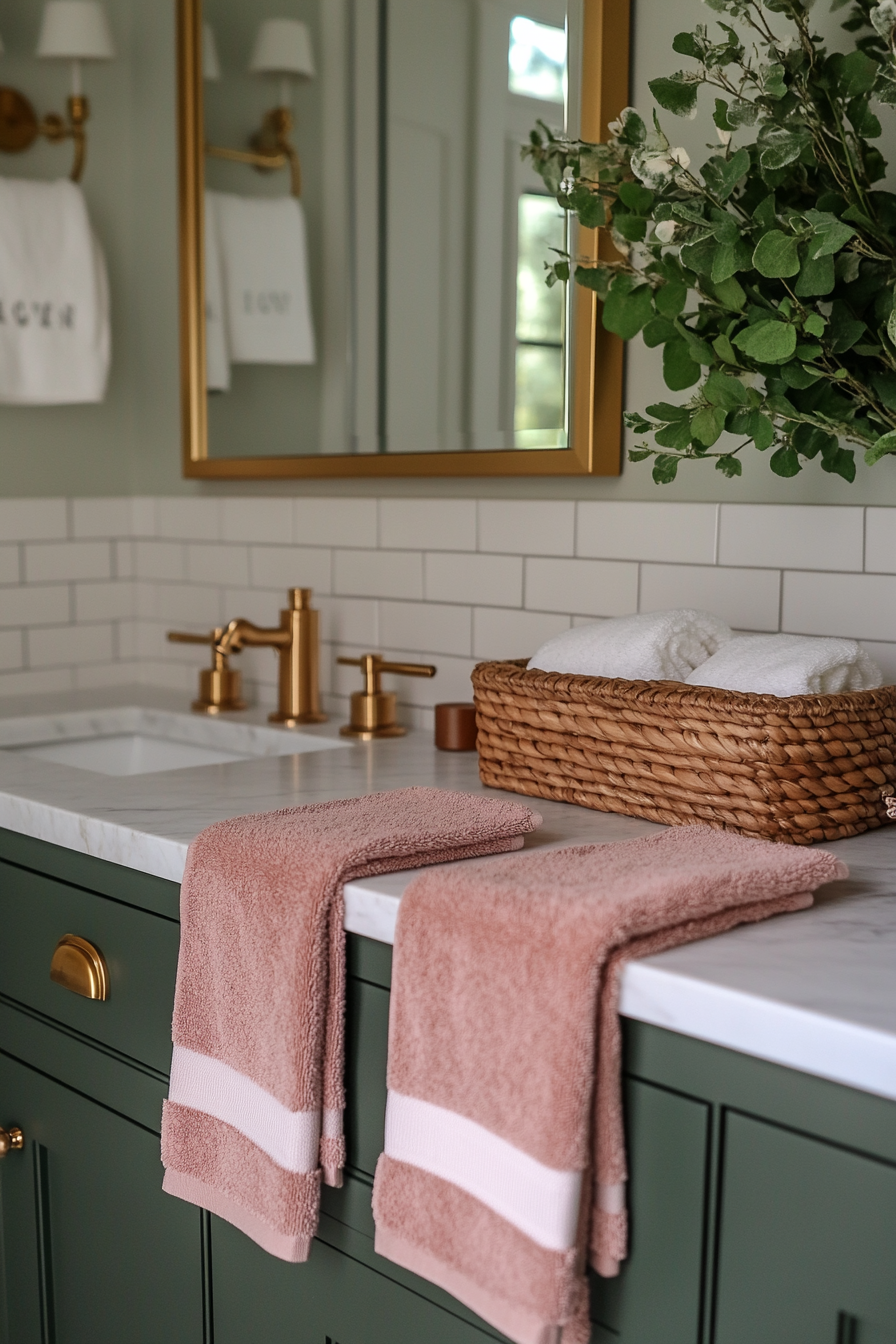 Blush pink and sage green bathroom accents create balance