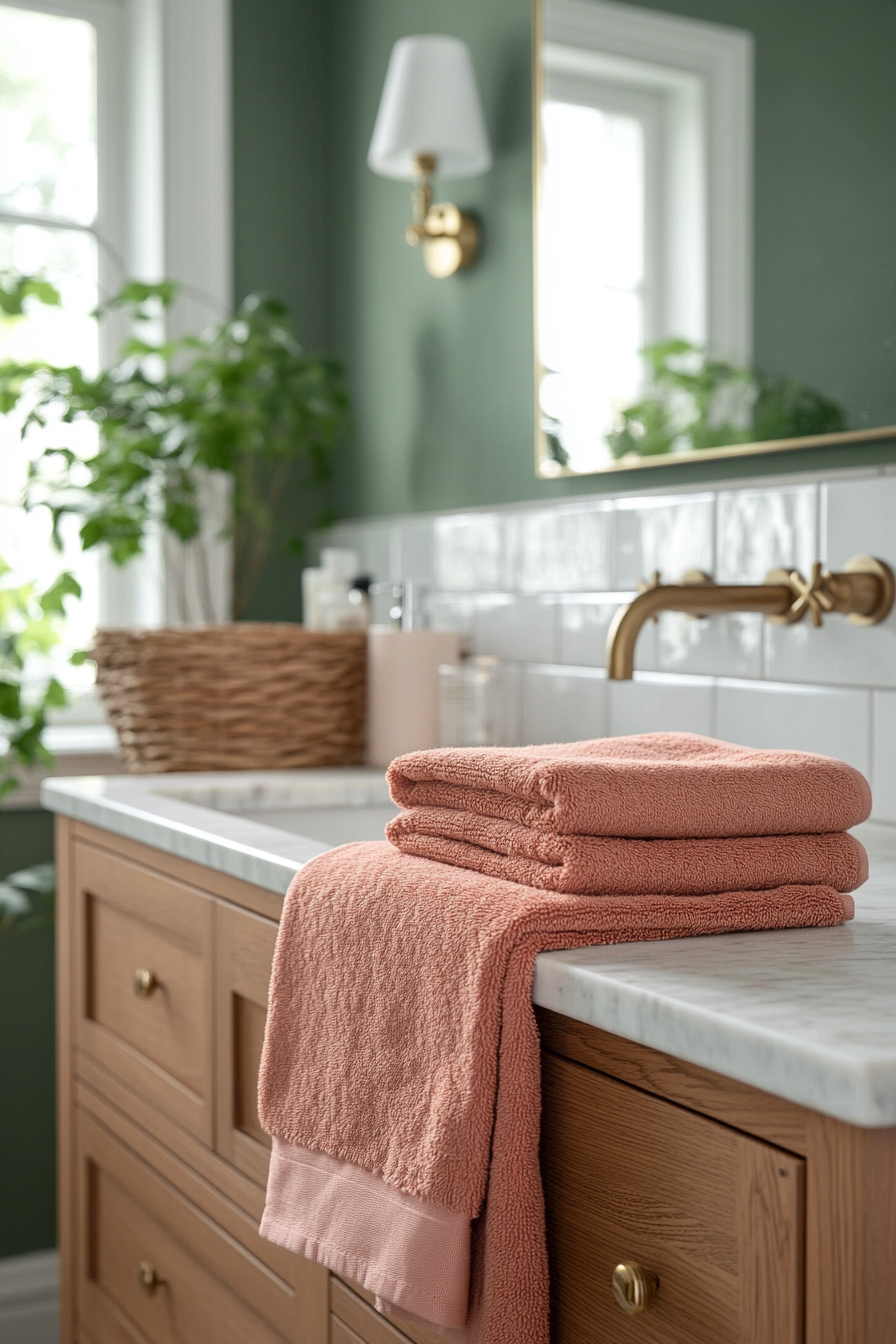 Sage green bathroom paired with blush pink towels and brass accents