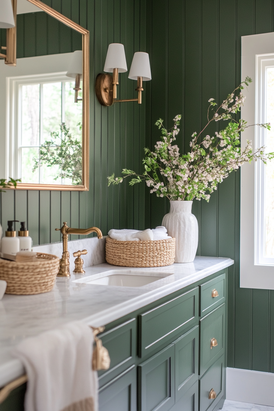 Sage green board and batten walls for rustic charm in bathroom