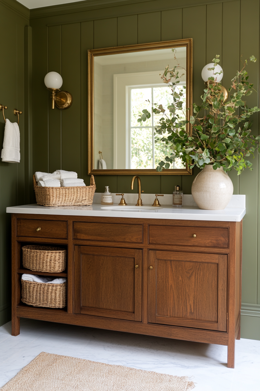 Sage green board and batten walls with wooden vanity and light wood floors