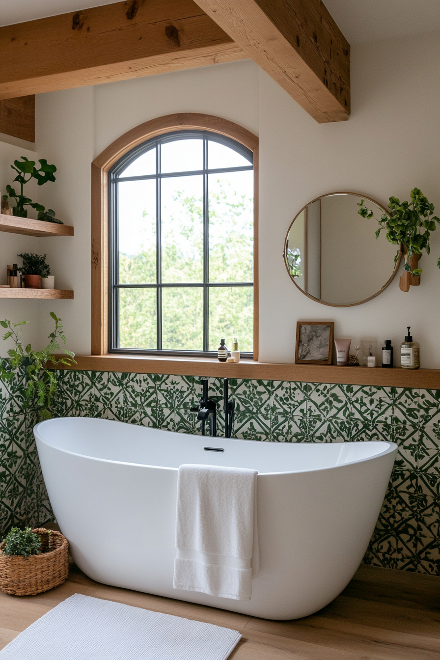 Patterned sage green wall tiles with wooden shelves and potted plants