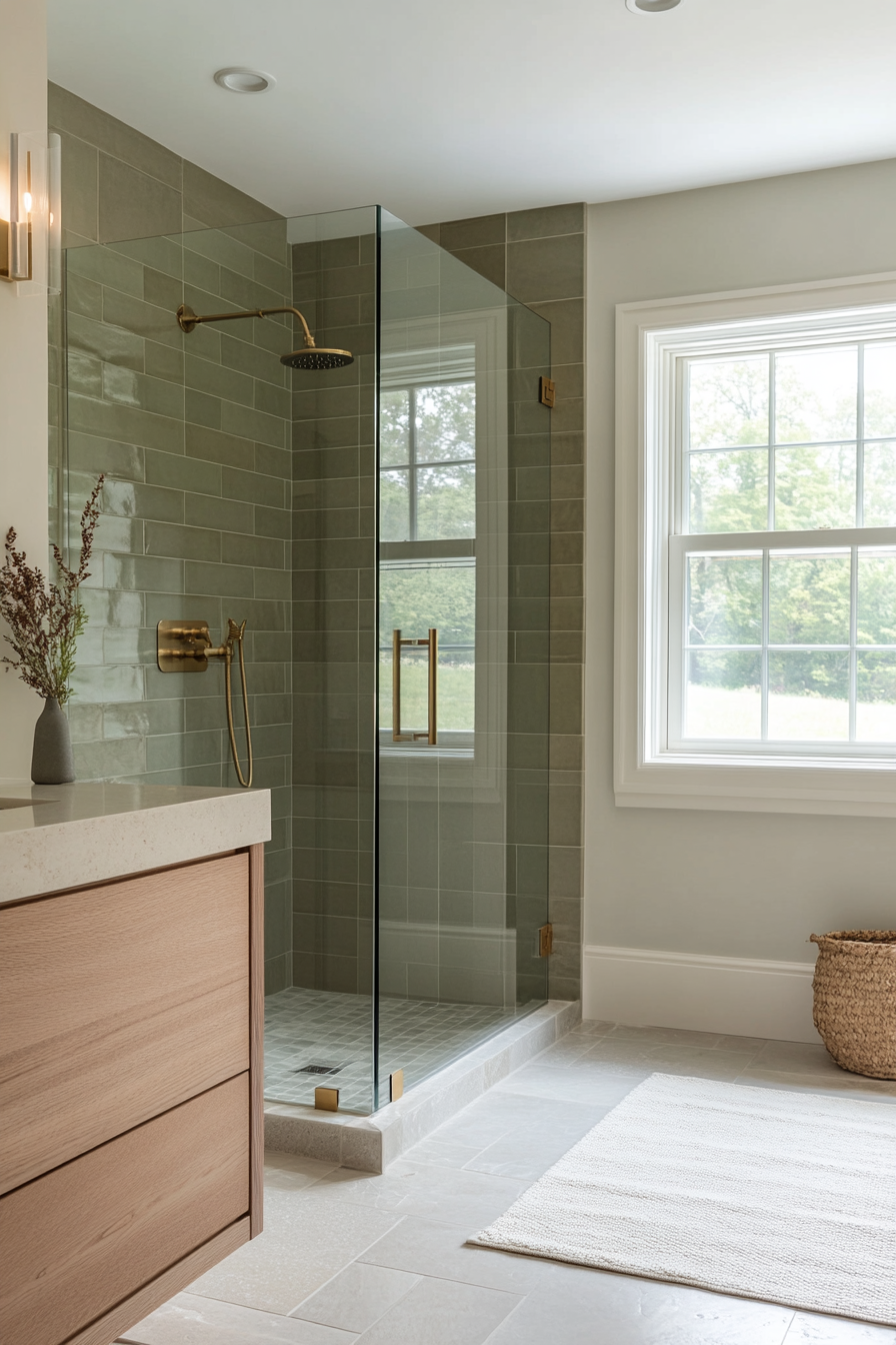 Solid sage green tiles for a modern, seamless look