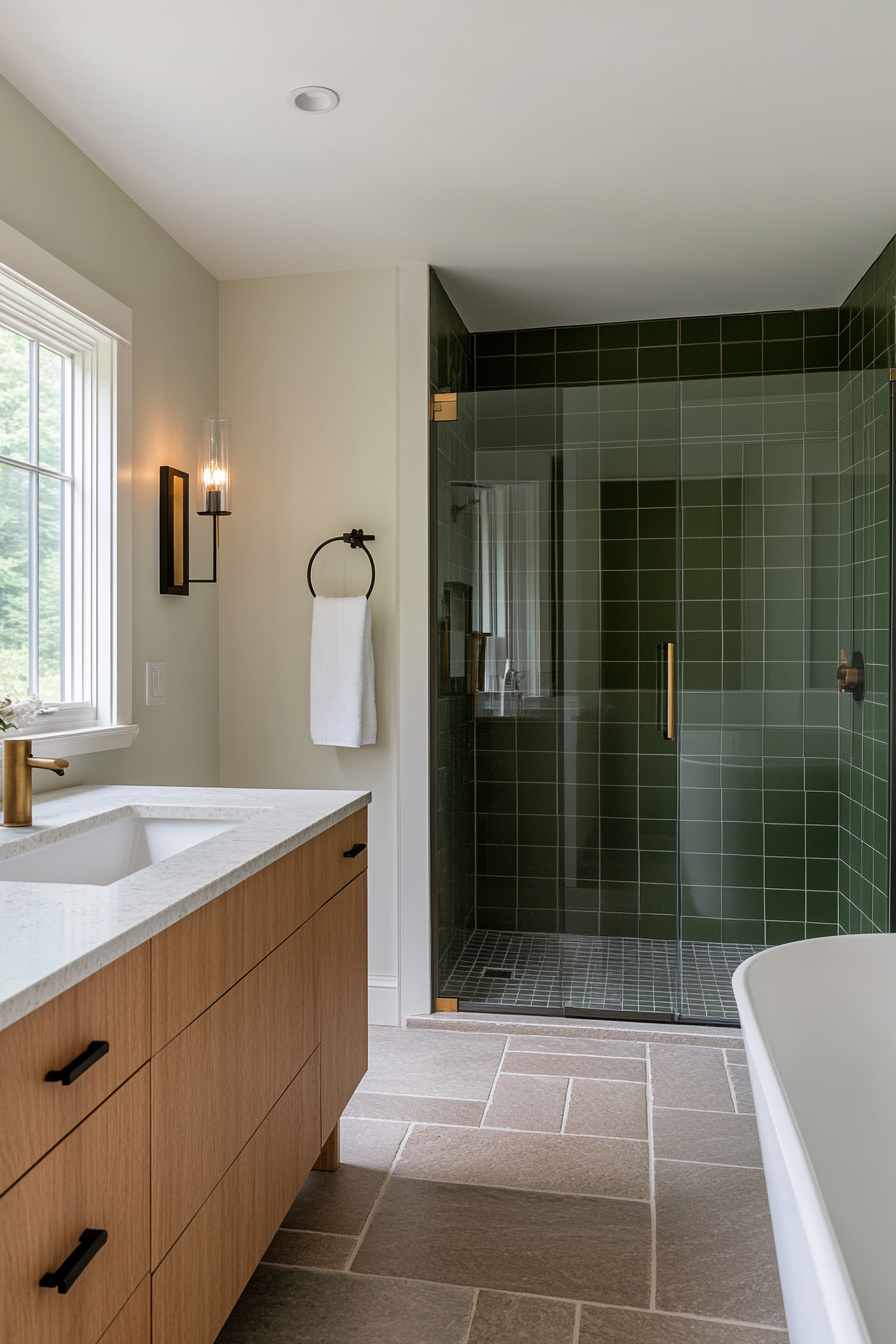 Solid sage green wall tiles paired with brass fixtures and stone floors
