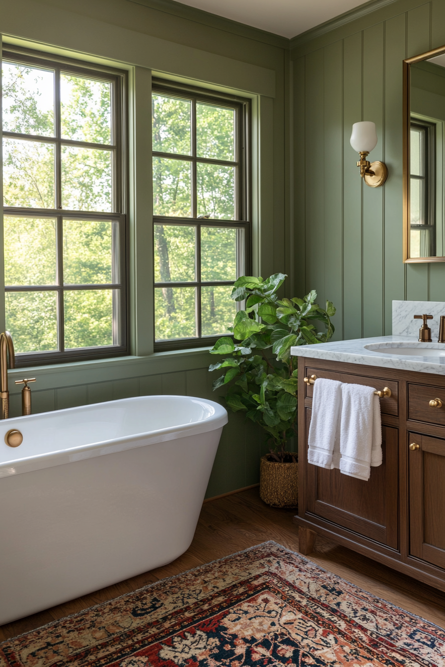 Sage green wall paint creates a tranquil bathroom