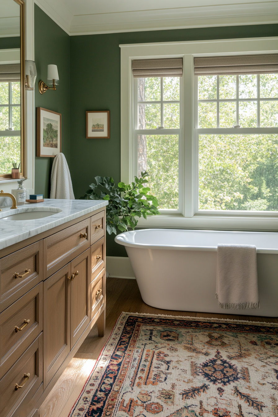Sage green painted walls with white trim and wooden vanity