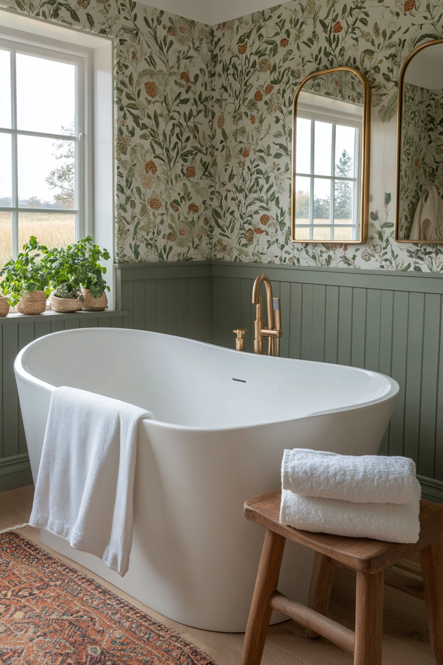 Sage green wallpaper with botanical prints adds depth