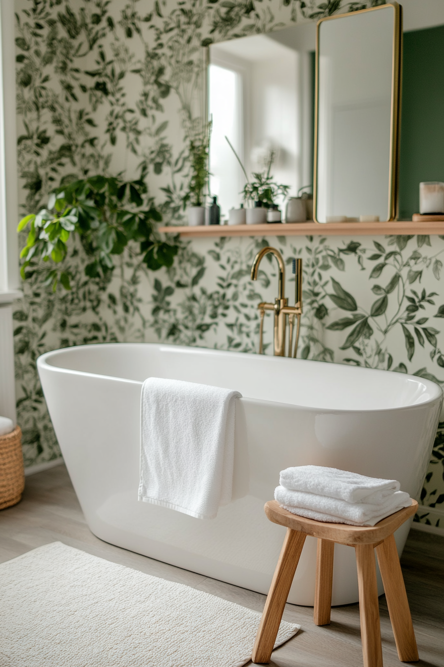Sage green botanical wallpaper paired with wooden decor