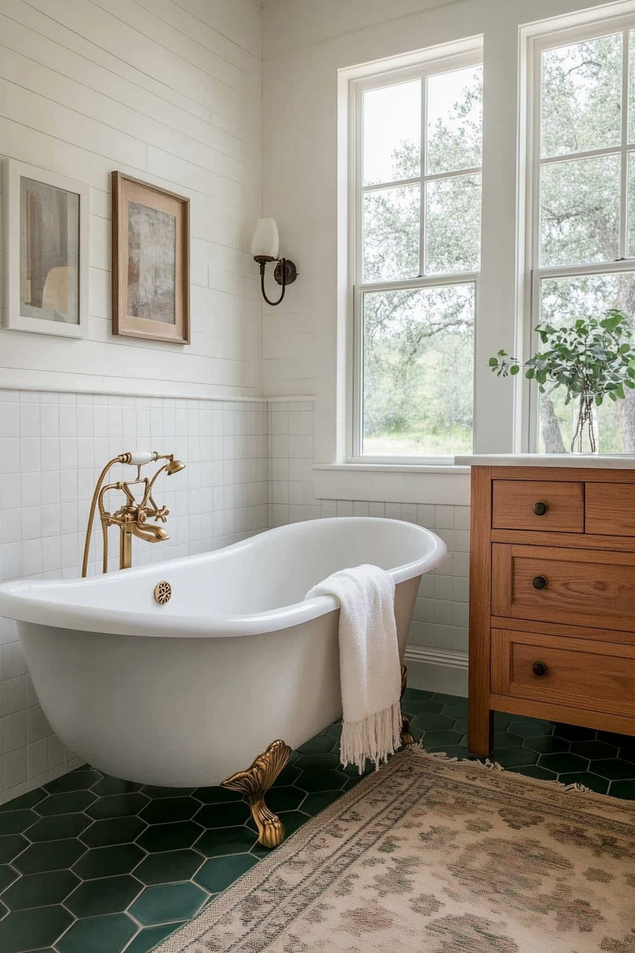 Sage green hexagonal floor tiles provide a sophisticated base