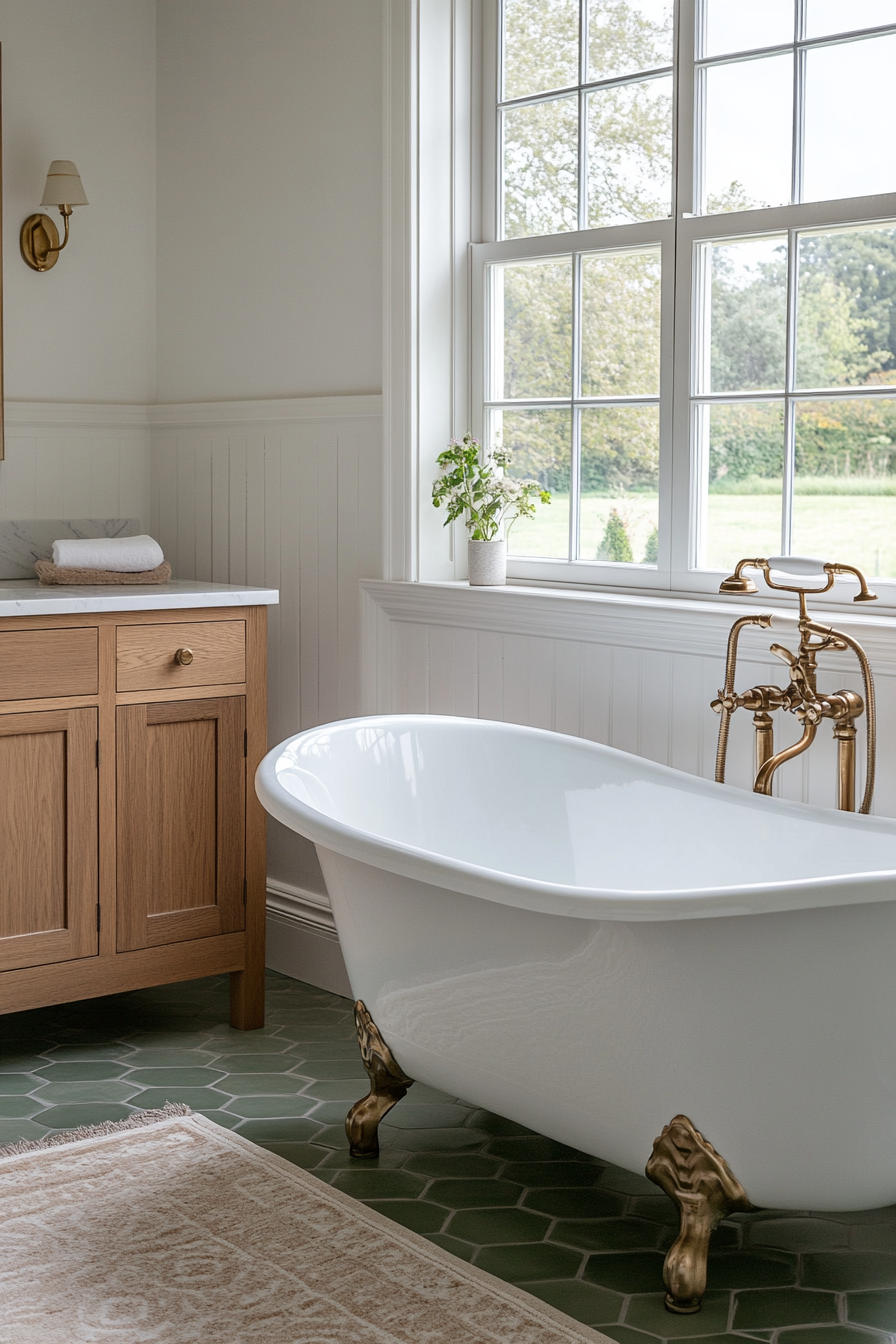 Sage green floor tiles with a wooden vanity and brass fixtures