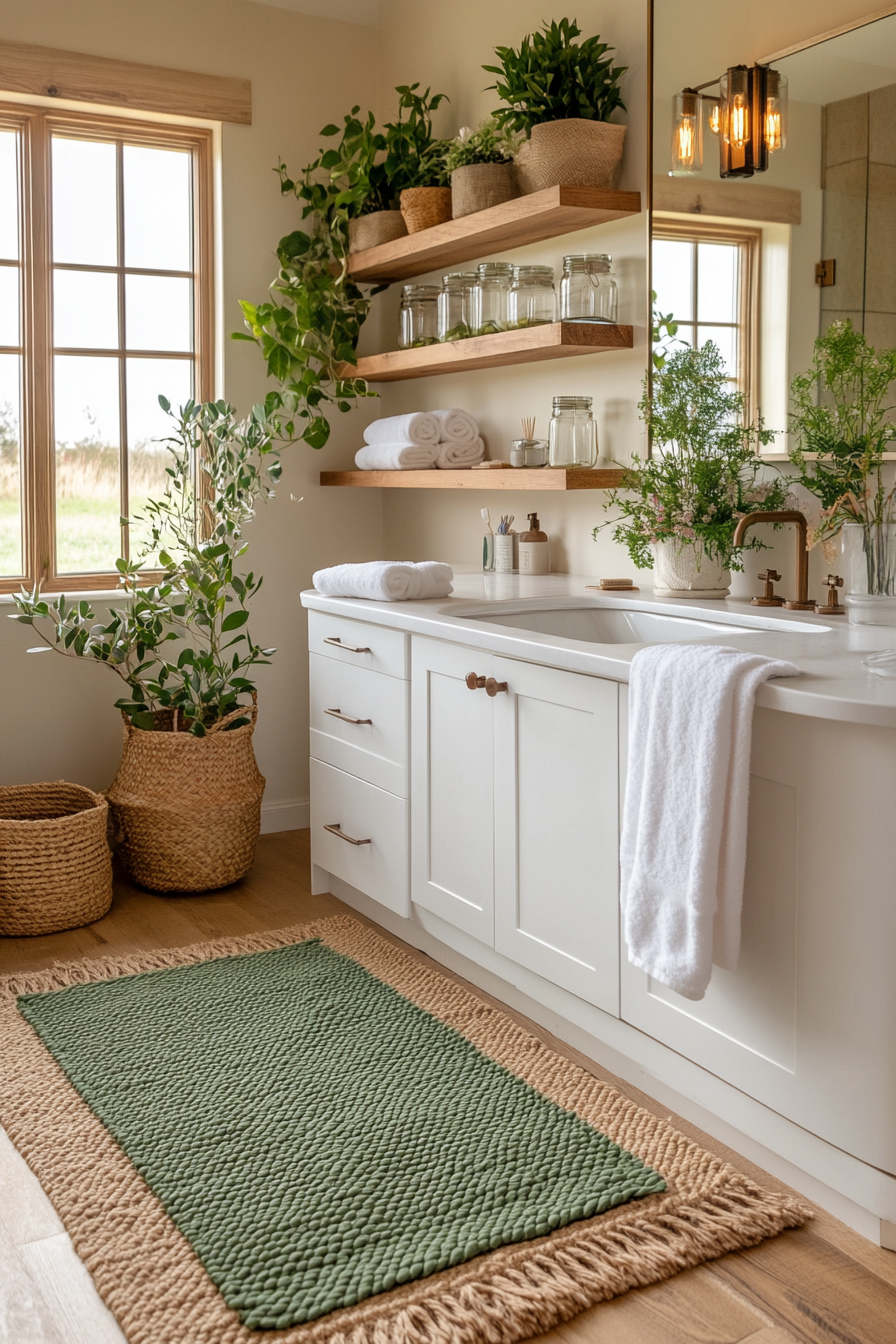 Soft sage green bathroom rug adds warmth and texture