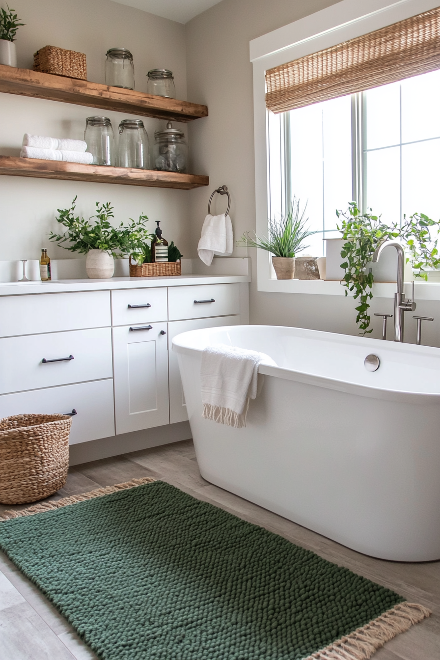 Sage green rug with wooden vanity and soft linen towels