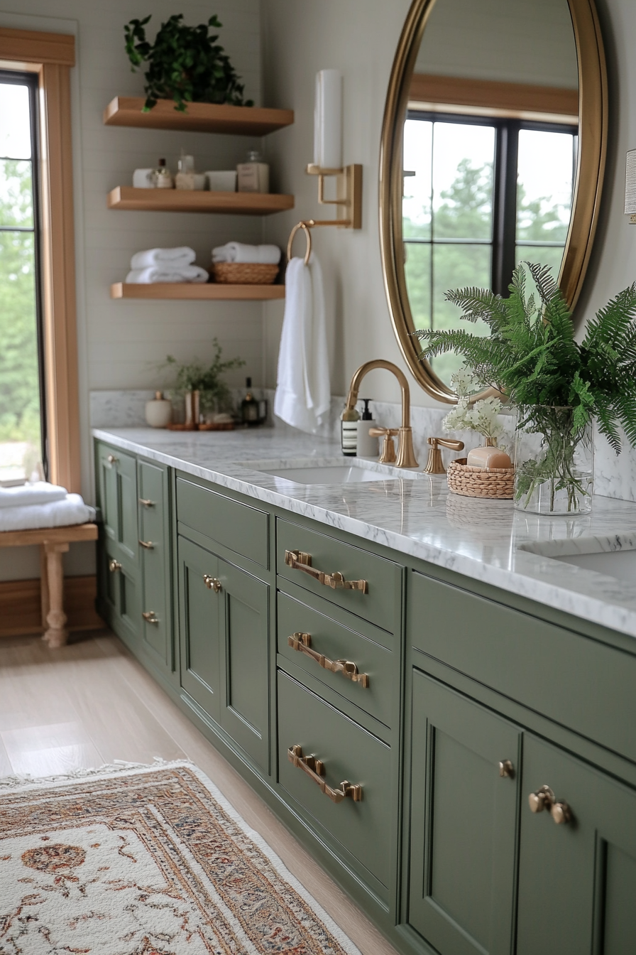 Sage green vanity as a focal point with marble countertops
