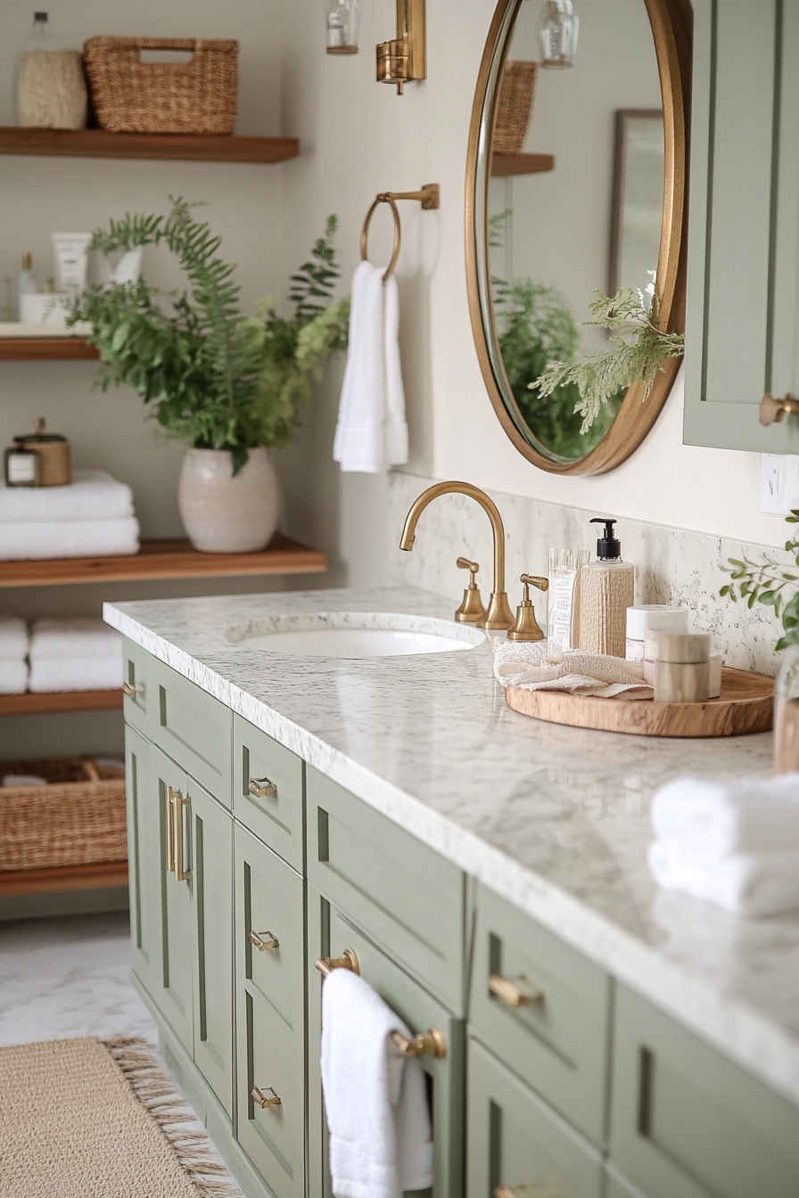 Sage green vanity with brass fixtures and wooden shelves