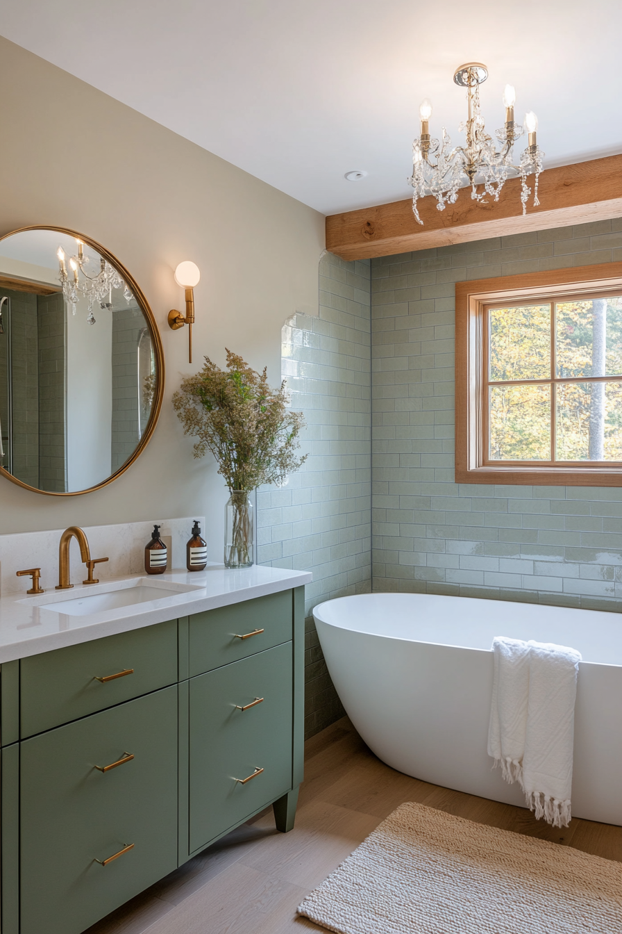 Warm ambient lighting with brass fixtures in sage green bathroom