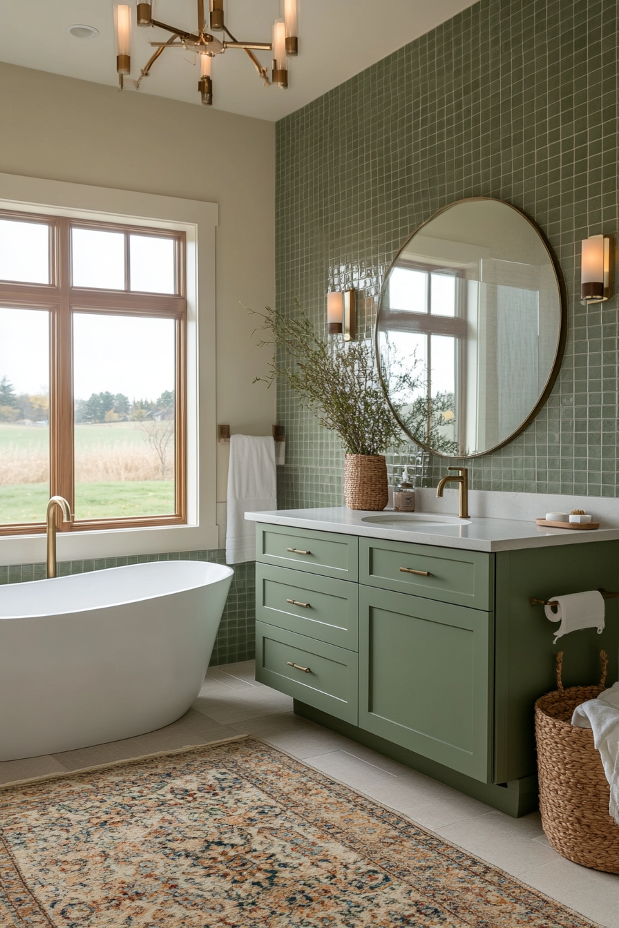 Sage green bathroom with ambient lighting and a chandelier
