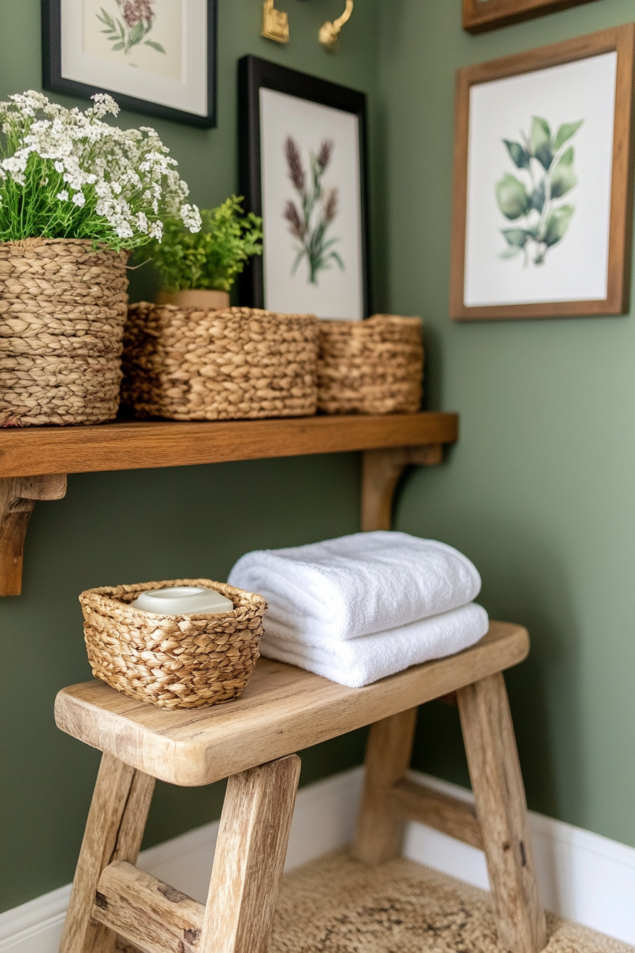 Natural decor accessories complement sage green bathroom