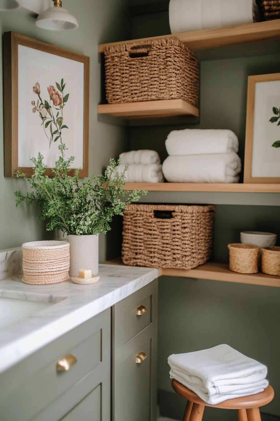 Sage green bathroom with natural decor accessories and framed art