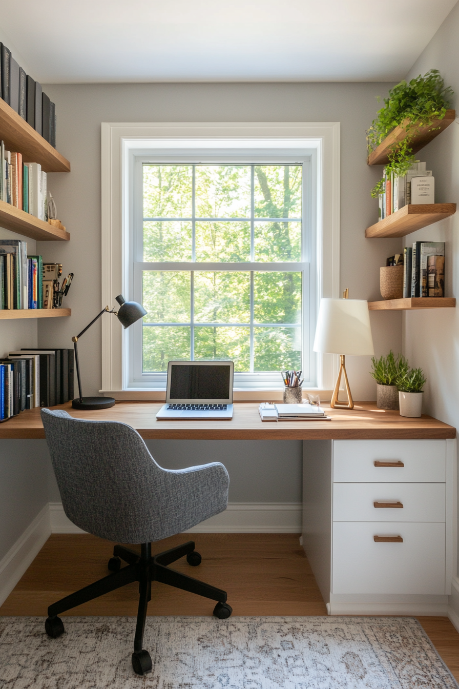 Desks with built-in shelving save space in small rooms