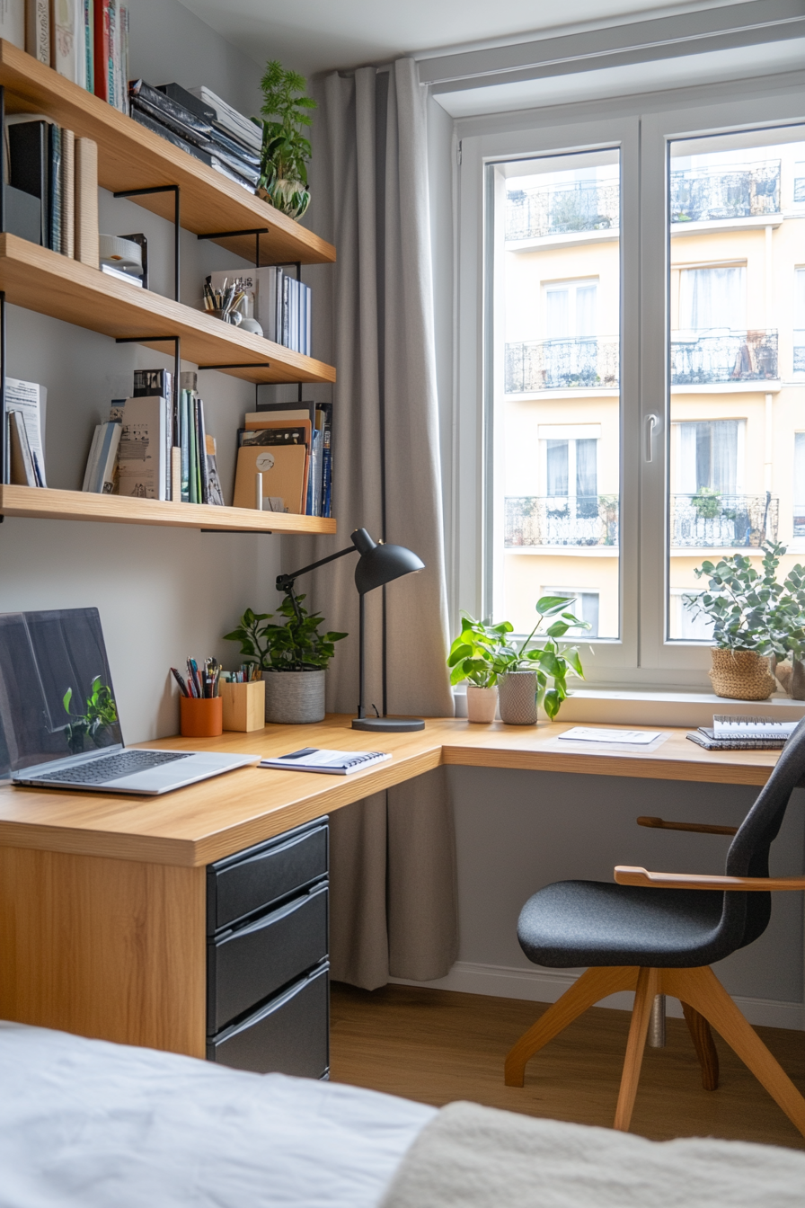 Desk with vertical shelving for compact home office
