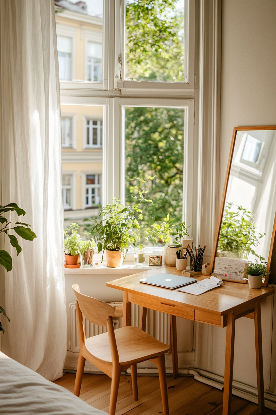 Natural light and mirrors in small office setup