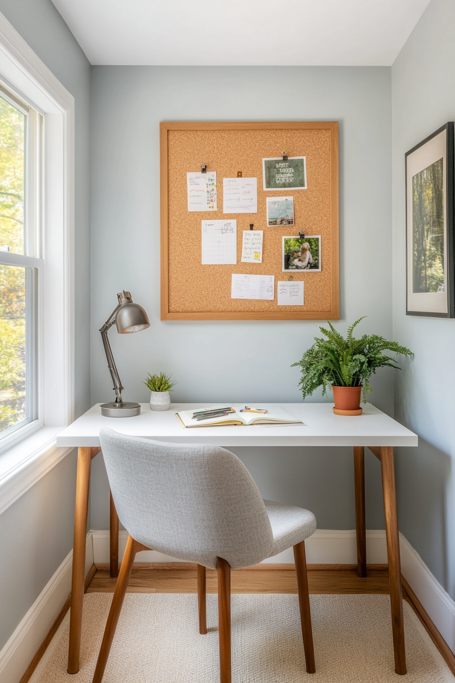 Mounted corkboard with notes and reminders for small office