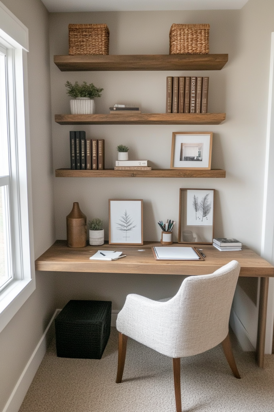 Floating shelves for compact office storage