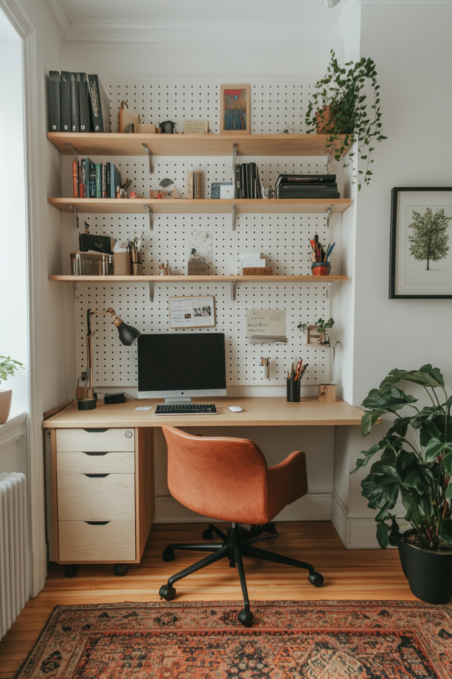 Wall-mounted shelves and pegboards for small home office