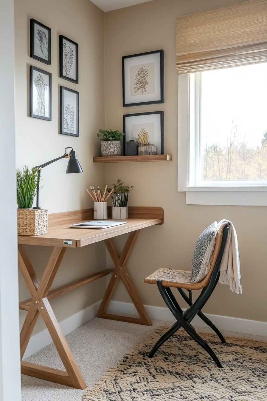 Fold-out desk with built-in shelving