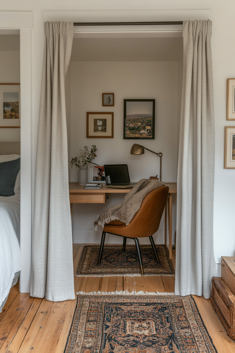Curtains create a cozy office nook in a small bedroom